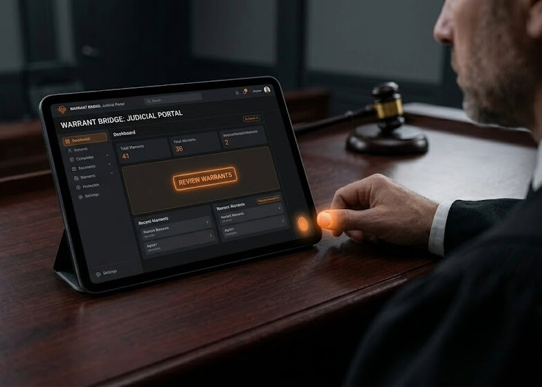 Judge reviewing documents on tablet